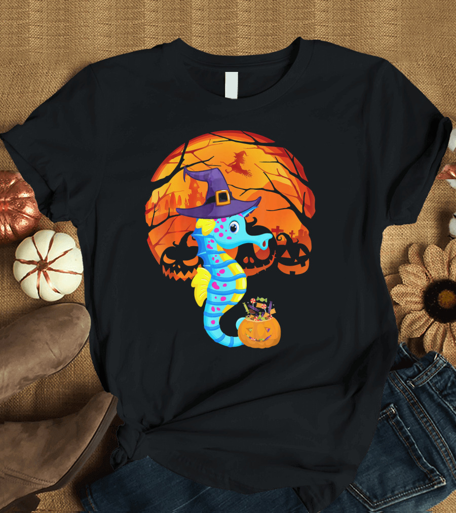 Halloween Seahorse Witch with Candy and Pumpkin in Front of Full Moon and Jack-o'-Lanterns T-Shirt