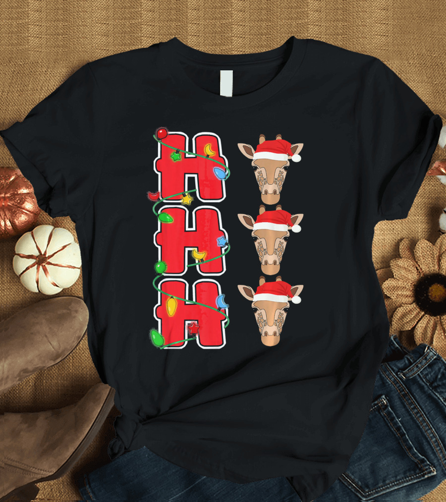 Ho Ho Ho Santa Giraffe Christmas Lights T-Shirt