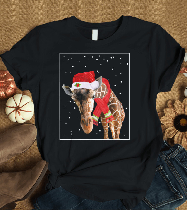 T-Shirt: Giraffe in Santa Hat and Scarf with Snowflakes T-Shirt Giraffe in Santa Hat and Scarf with Snowflakes T-Shirt