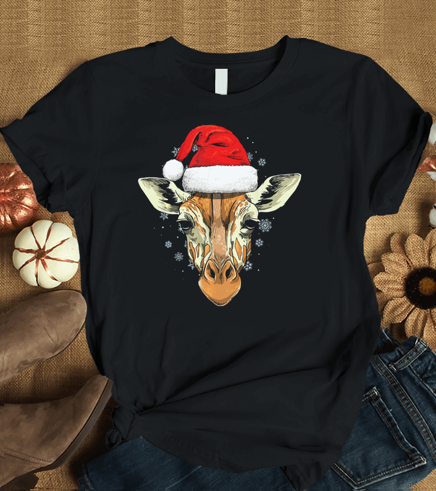 Giraffe Christmas Santa Hat Snowflakes T-Shirt