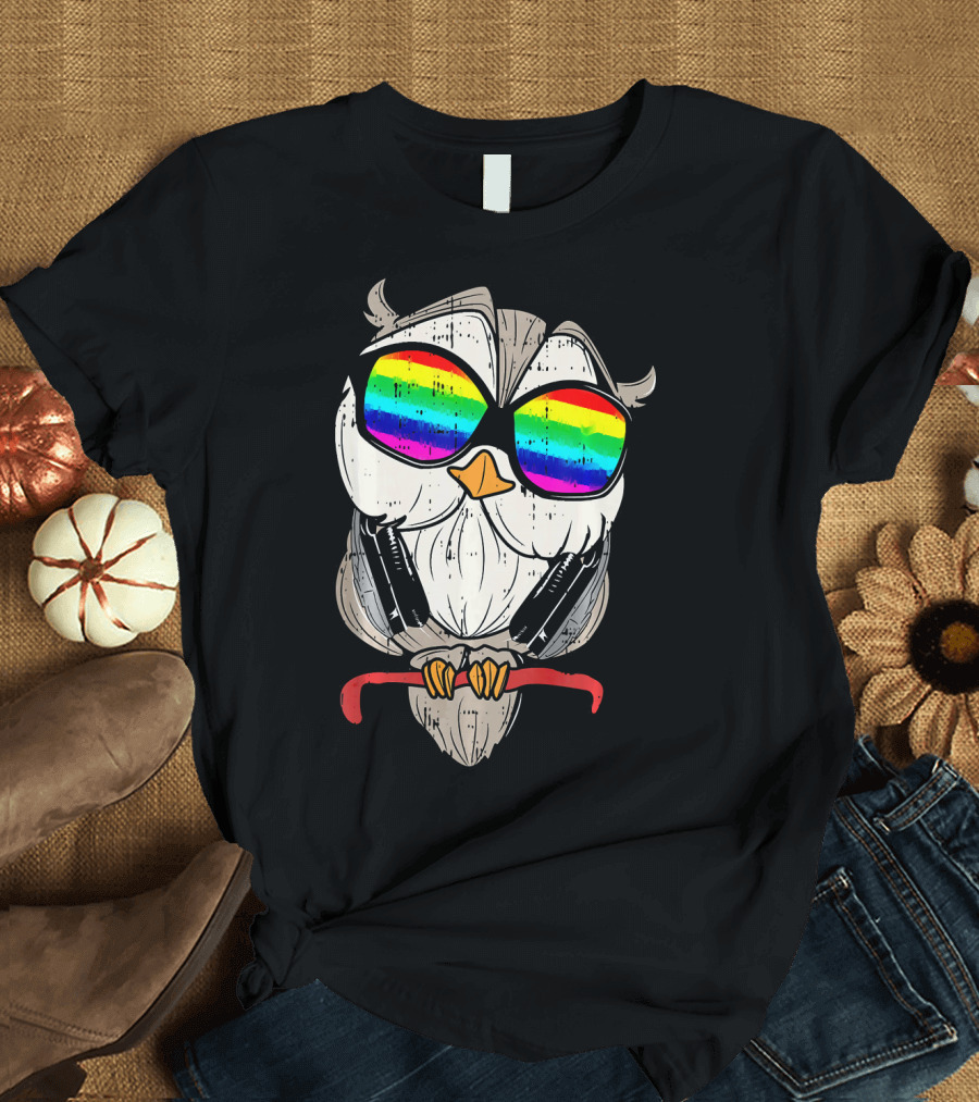 Headphones Owl Cute Music Animal Rainbow Sunglasses T-Shirt
