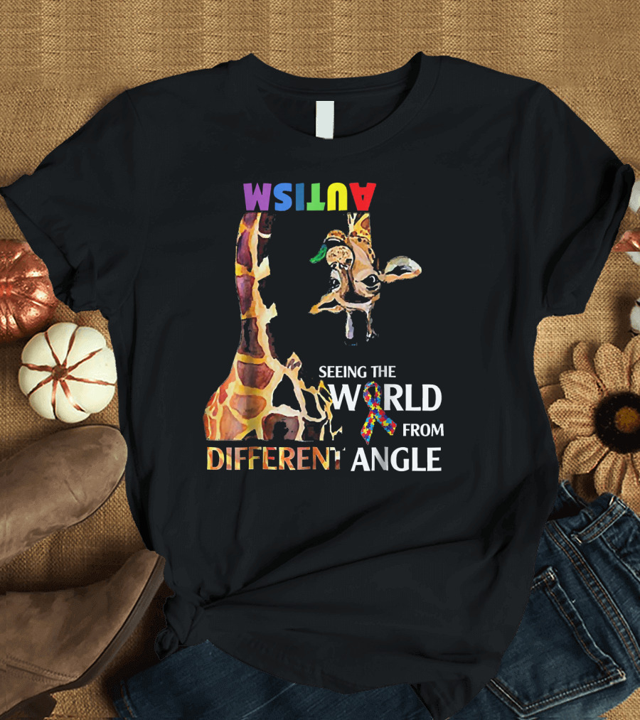 Autism Seeing The World From Different Angle Giraffe Rainbow T-Shirt