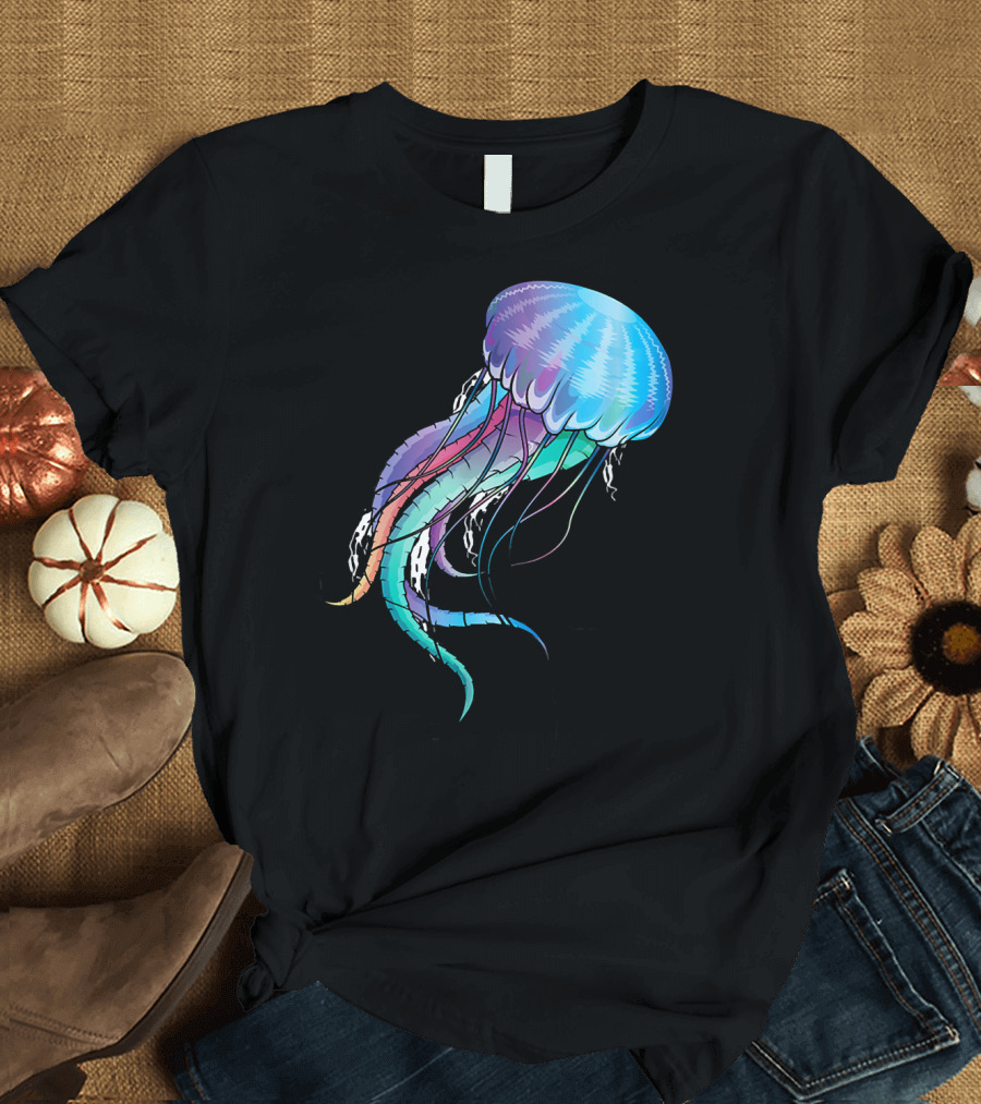 Jellyfish Swimming Underwater Cute Bioluminescent Vivid Rainbow T-Shirt