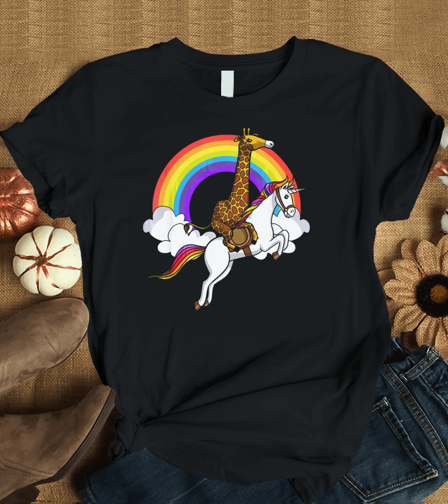 Giraffe Riding Unicorn Across a Magical Rainbow T-Shirt