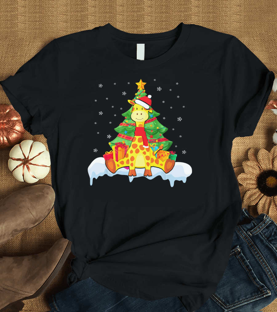 Giraffe with Santa Hat and Scarf in Front of Christmas Tree with Snowflakes and Presents T-Shirt