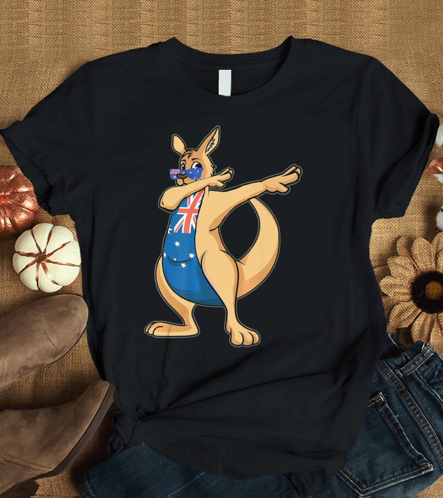 Happy Australia Day Funny Dabbing Kangaroo with Aussie Flag Glasses T-Shirt