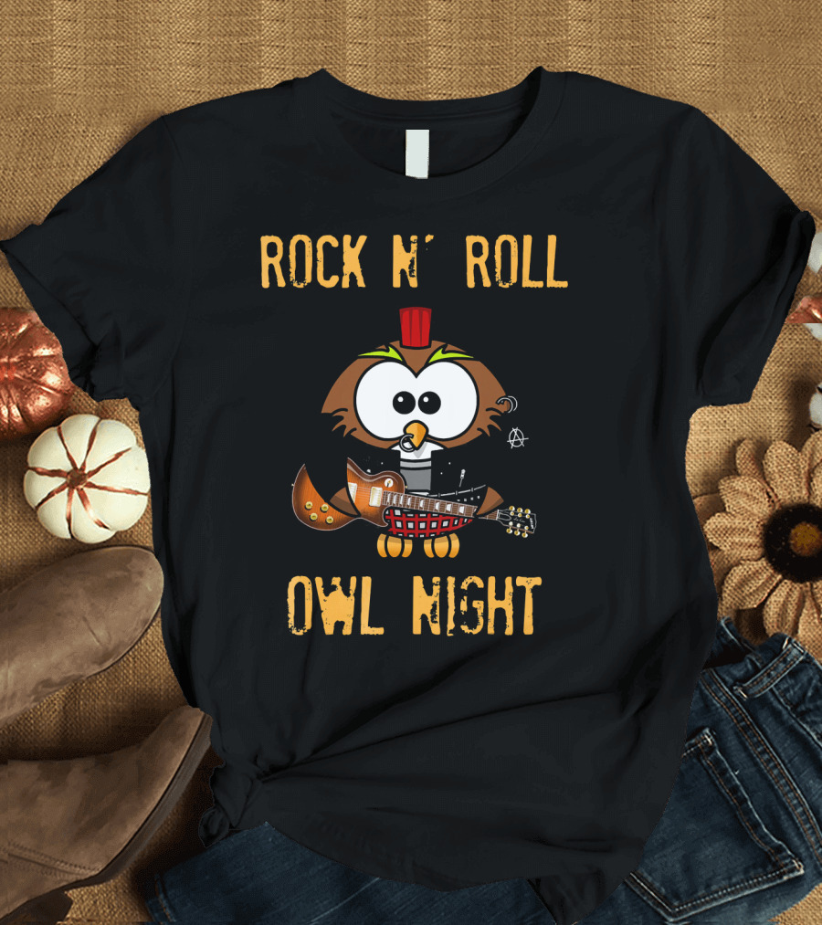 Rock N' Roll Owl Night With Guitar T-Shirt