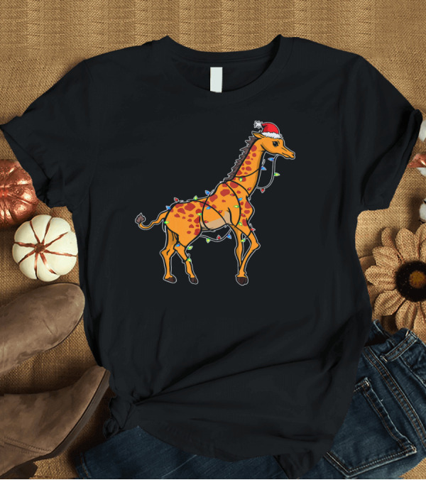 T-Shirt: Giraffe Santa Wrapped in Colorful Christmas Lights with Santa Hat T-Shirt Giraffe Santa Wrapped in Colorful Christmas Lights with Santa Hat T-Shirt