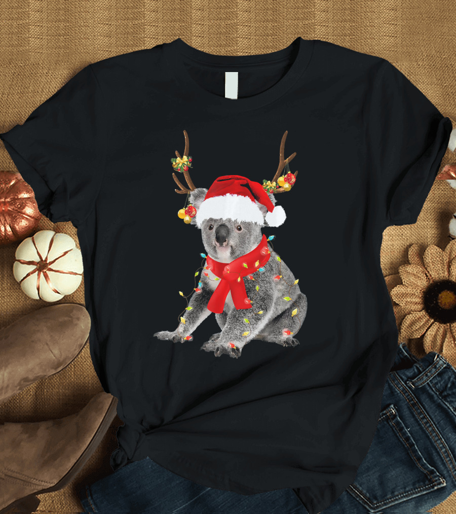 Koala Bear with Santa Hat and Christmas Lights Wrapped in Festive Antlers T-Shirt