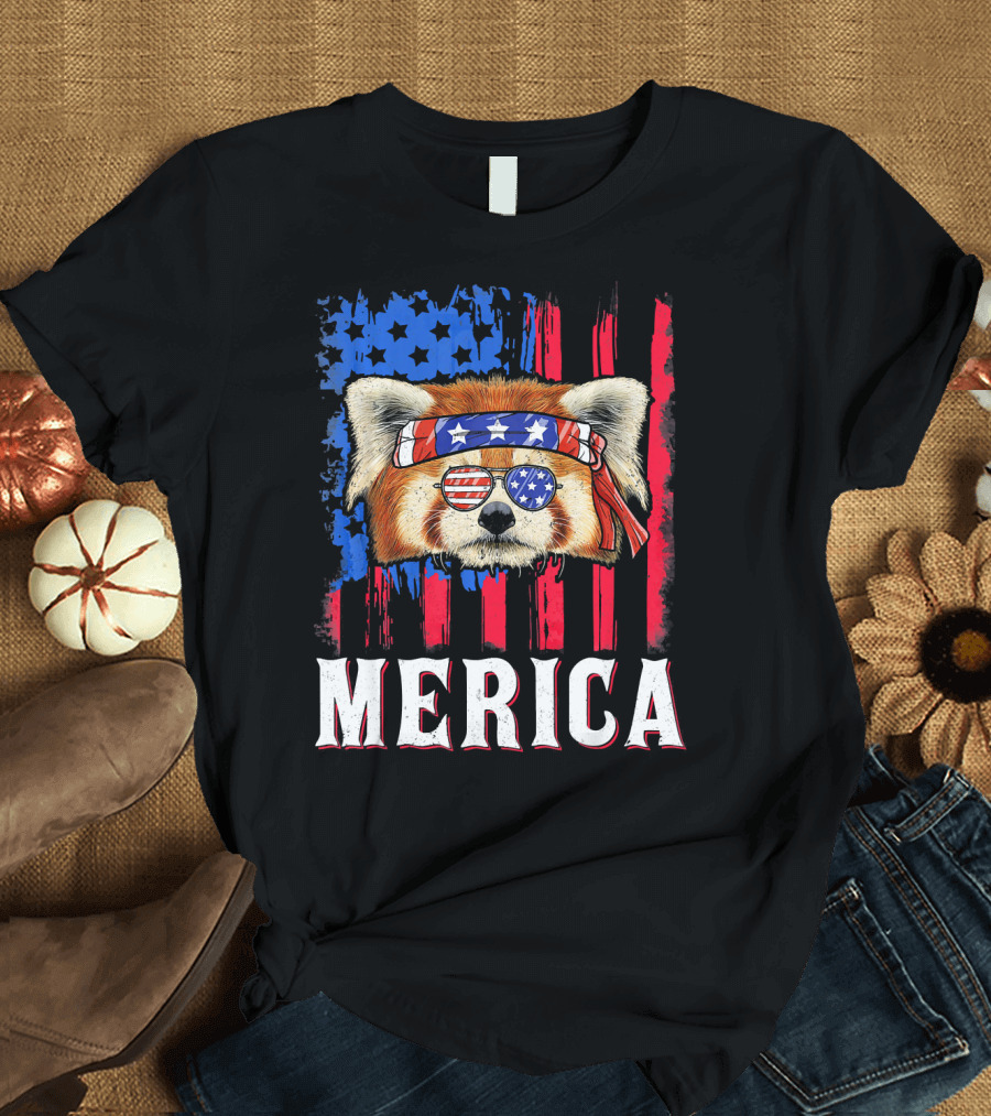 Merica Red Panda American Flag Bandana Sunglasses T-Shirt