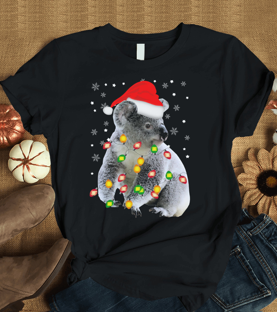 Koala Wearing Santa Hat with Colorful Christmas Lights and Snowflakes T-Shirt