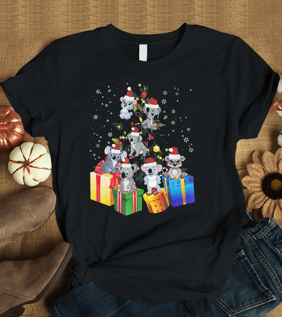 Koala Christmas Pine Tree with Santa Hats and Gifts T-Shirt