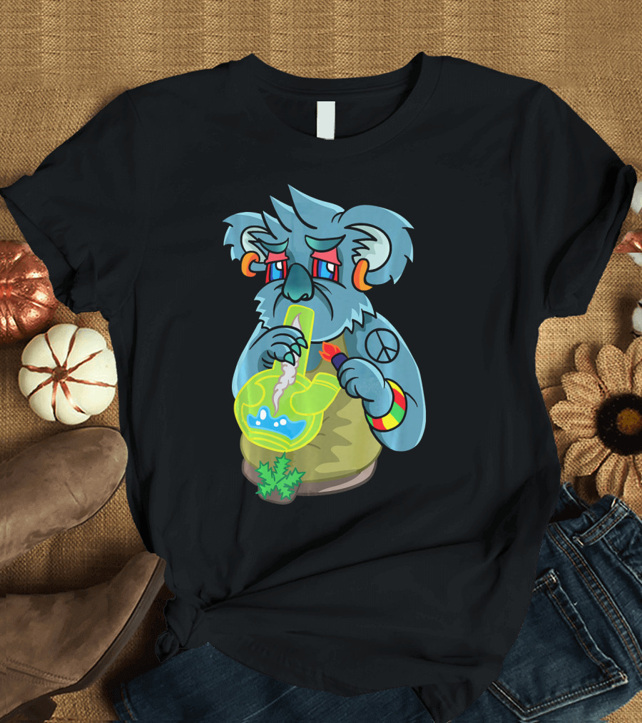 Koala Smoking Weed Cannabis Stoner Marih with Peace Symbol and Colorful Arm Bands T-Shirt