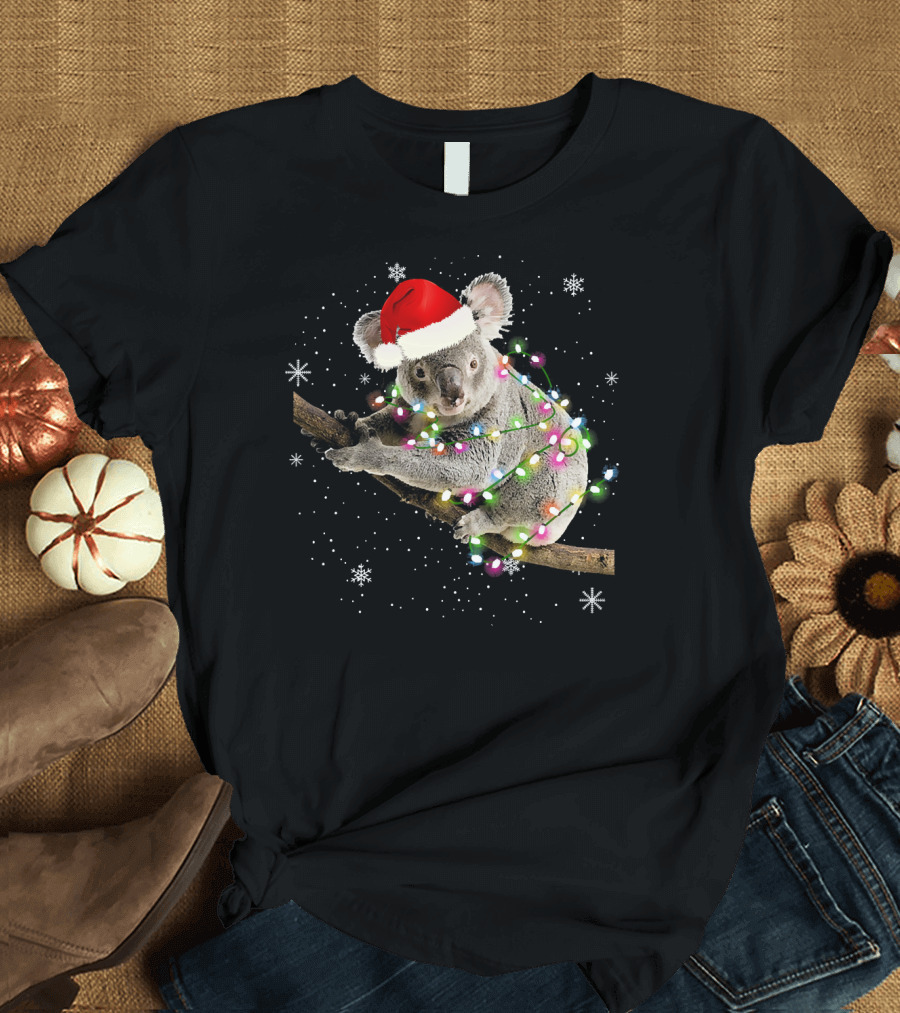 Koala Wrapped in Christmas Lights with Santa Hat Festive Matching Fam T-Shirt