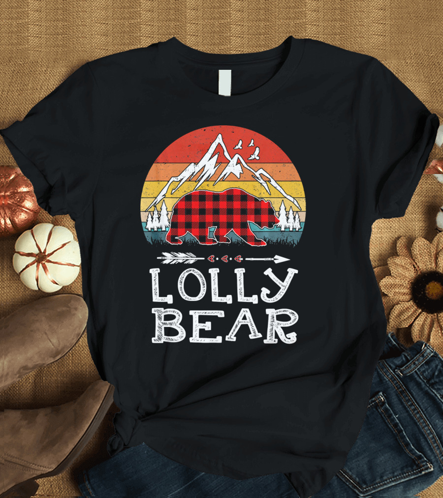 Lolly Bear Red Plaid with Mountain and Arrow Christmas T-Shirt