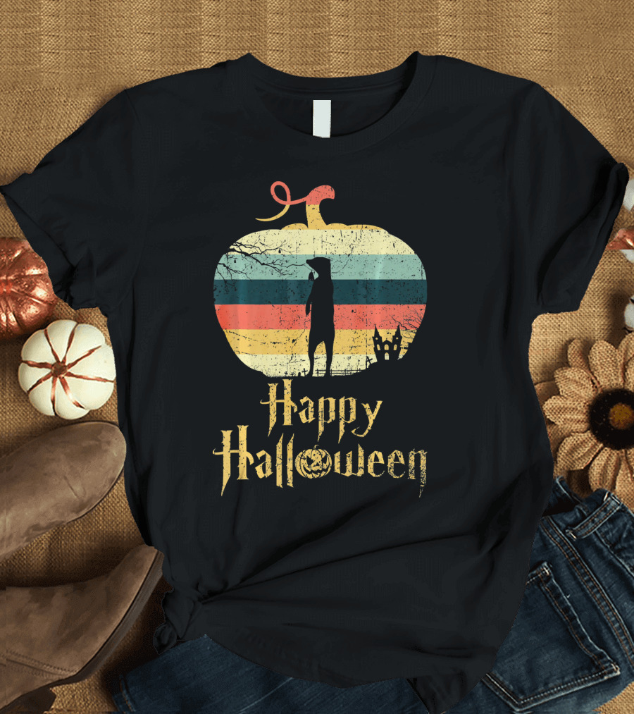 Happy Halloween Meerkat in Pumpkin Vintage Retro Stripes T-Shirt