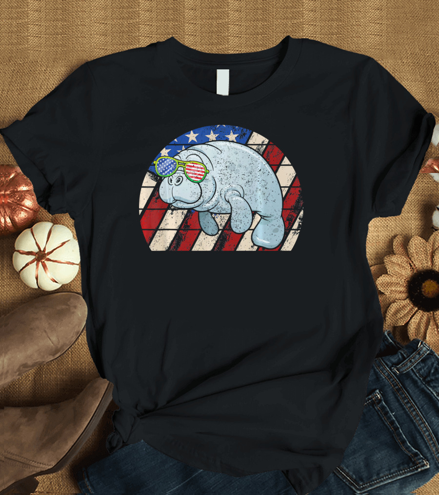 Manatee Wearing American Flag Sunglasses Distressed USA Flag Background T-Shirt