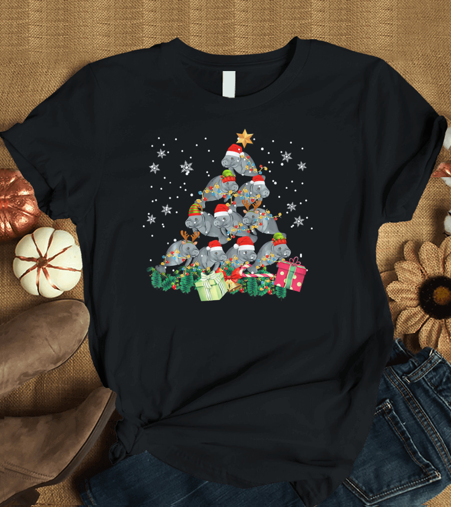 Manatee Christmas Tree Santa Hat Lights Snowflakes Gifts Star T-Shirt