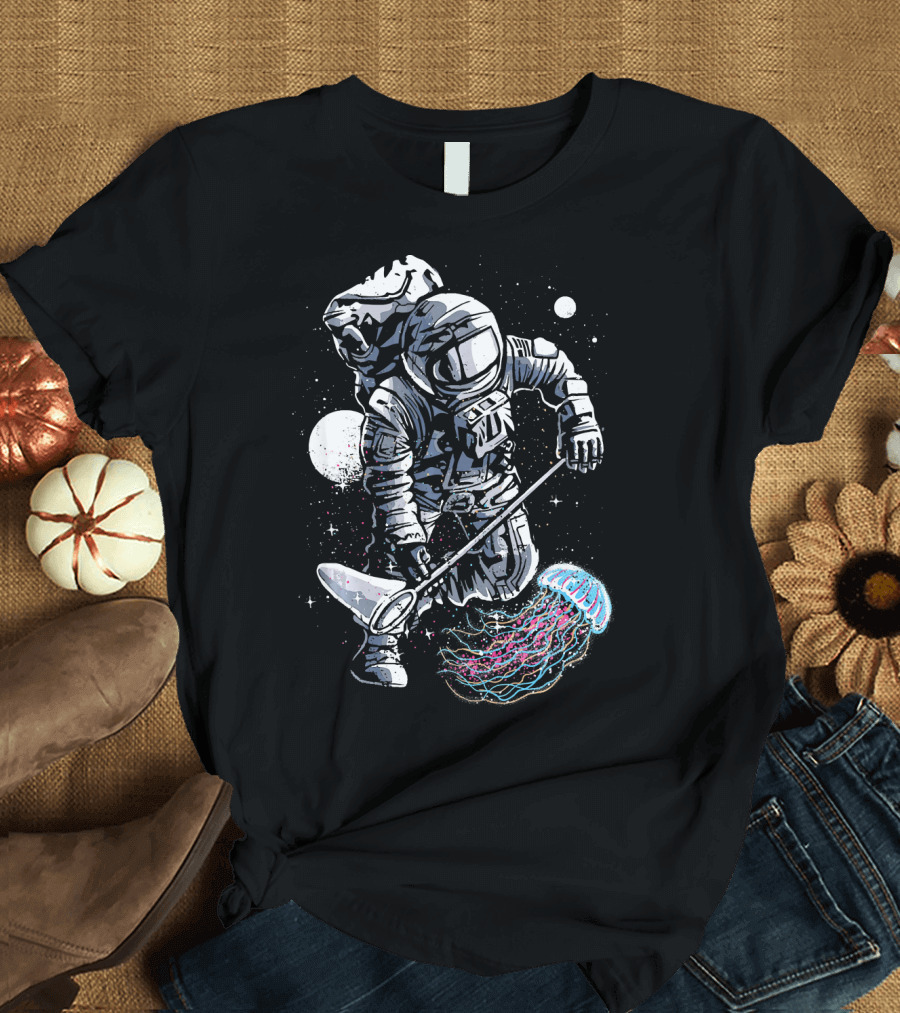 Lost Cosmonaut Capturing Colorful Jellyfish in Cosmic Spa Adventure T-Shirt