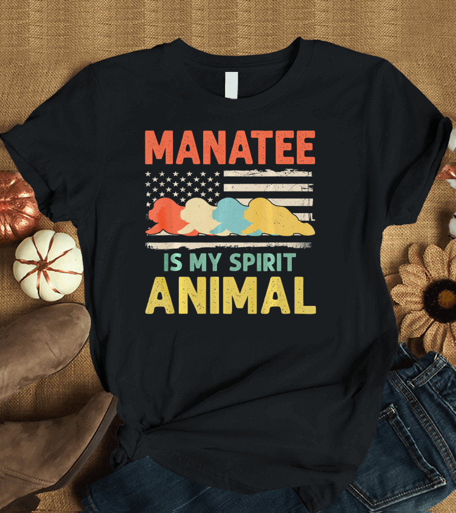 Manatee Is My Spirit Animal USA Flag Retro Colors T-Shirt