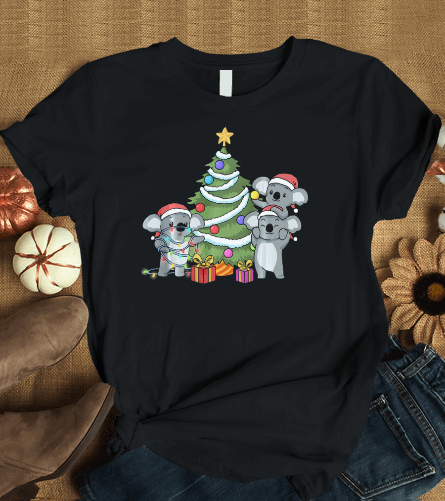 Koala Christmas Tree Funny Koala Santa Hats Holiday Lights T-Shirt