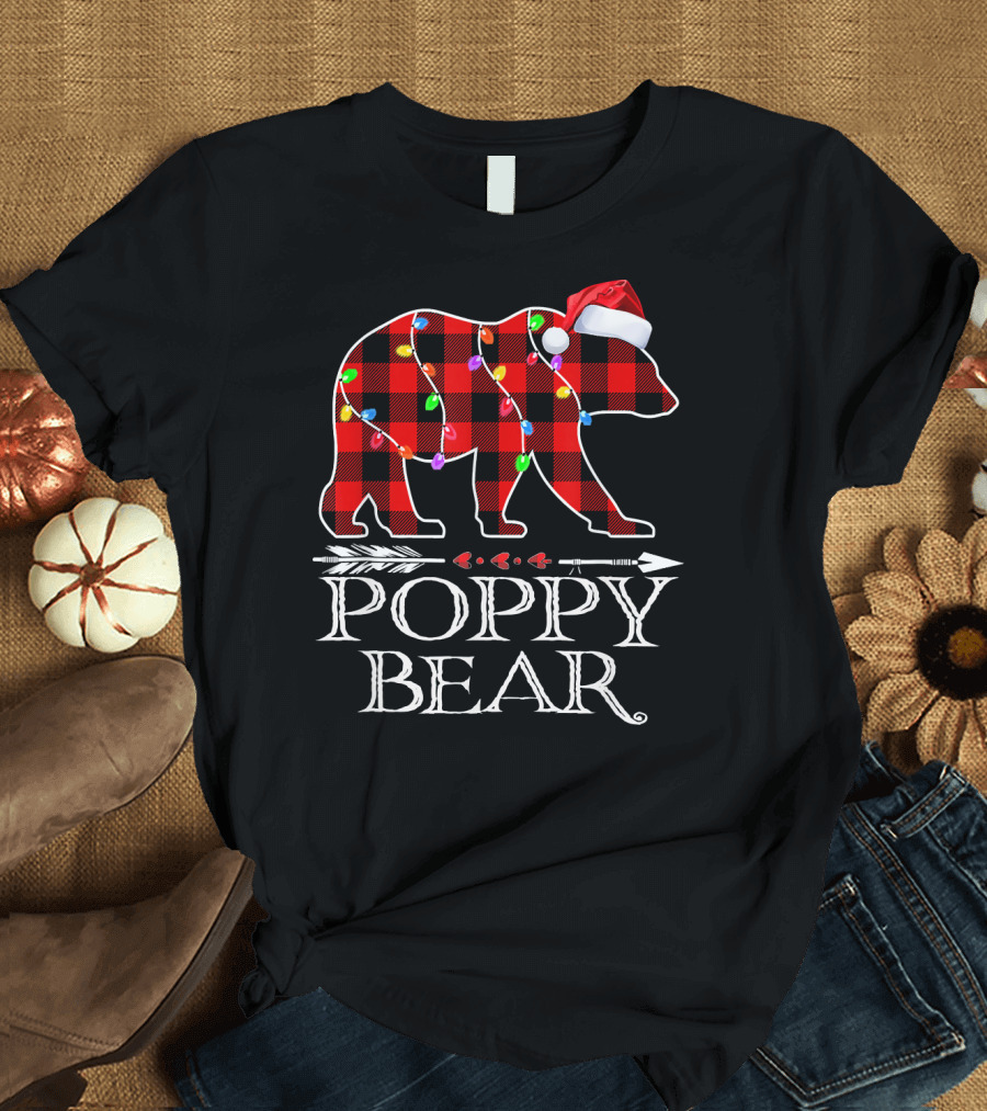 Poppy Bear Christmas Red Plaid Bear with Santa Hat and Lights T-Shirt