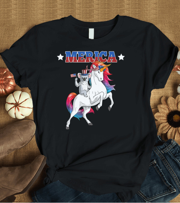 T-Shirt: Merica Koala Riding Unicorn with USA Flag and Stars T-Shirt Merica Koala Riding Unicorn with USA Flag and Stars T-Shirt
