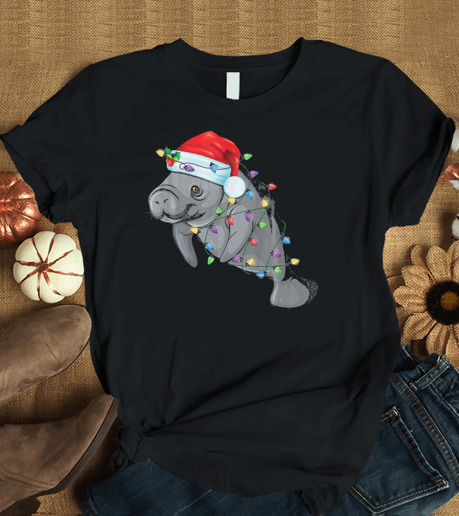Manatee Wrapped in Christmas Lights Wearing a Santa Hat T-Shirt