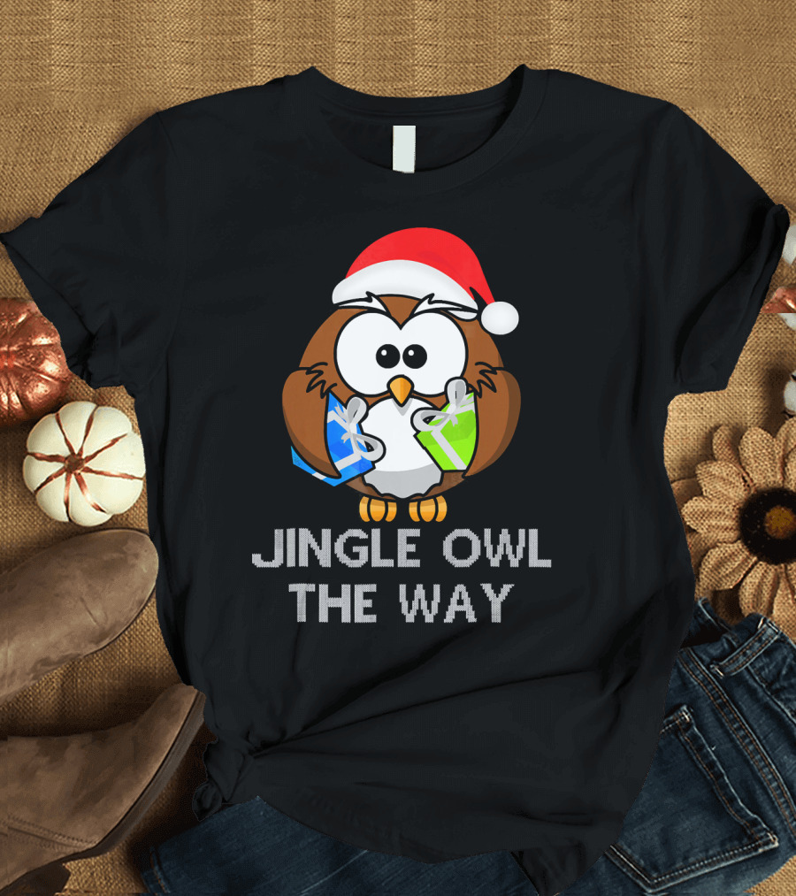 Jingle Owl The Way Santa Hat Owl with Gifts T-Shirt