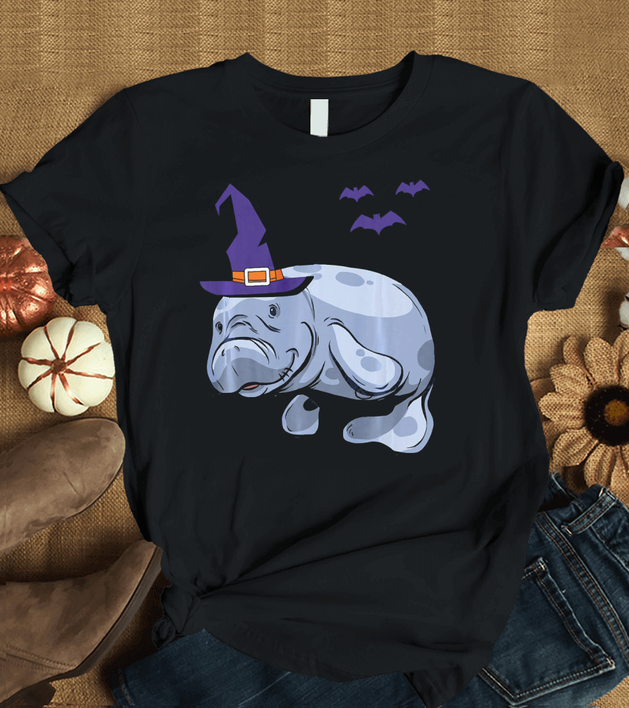 Lazy Witch Manatee Halloween Sea Cow with Purple Hat and Flying Bats T-Shirt