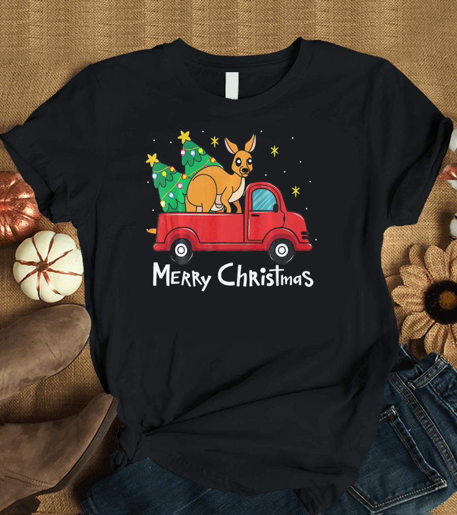 Merry Christmas Kangaroo Ornament Truck with Tree T-Shirt