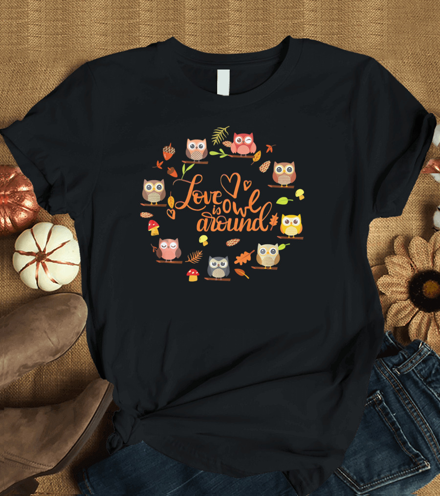 Love is Owl Around Autumn Leaves Heart Cute Owls T-Shirt