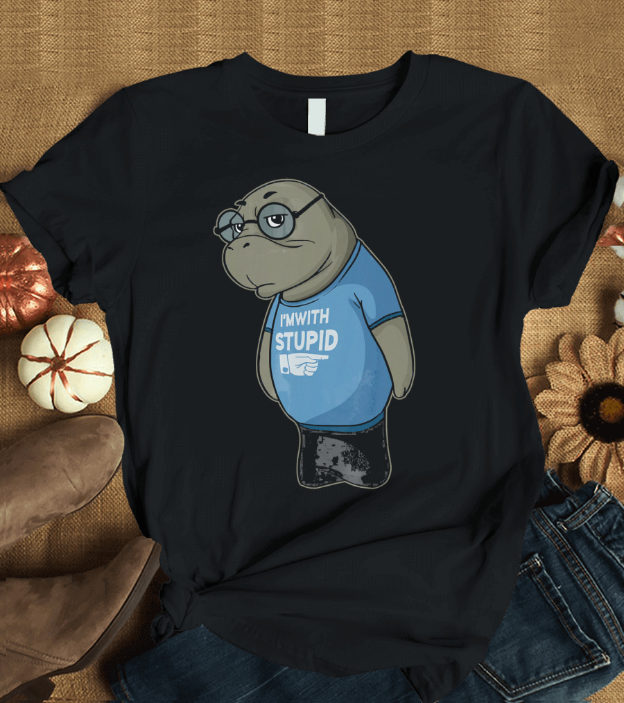 Manatee I'm With Stupid Glasses Blue T-Shirt
