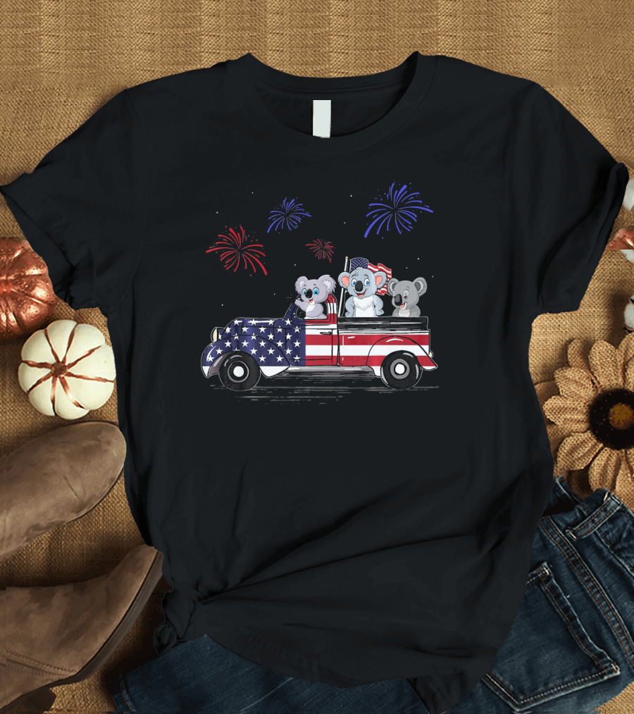 Koala Riding American Flag Truck with Fireworks T-Shirt