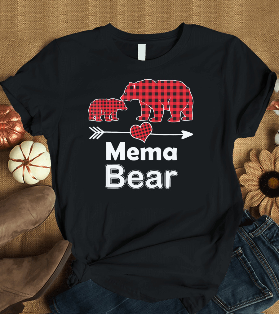 Mema Bear Red Plaid Buffalo Christmas Bears with Heart and Arrow T-Shirt