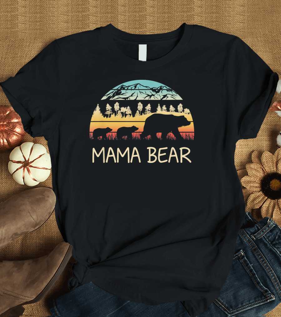 Mama Bear with 2 Cubs Retro Mountain Silhouette Forest Scene T-Shirt