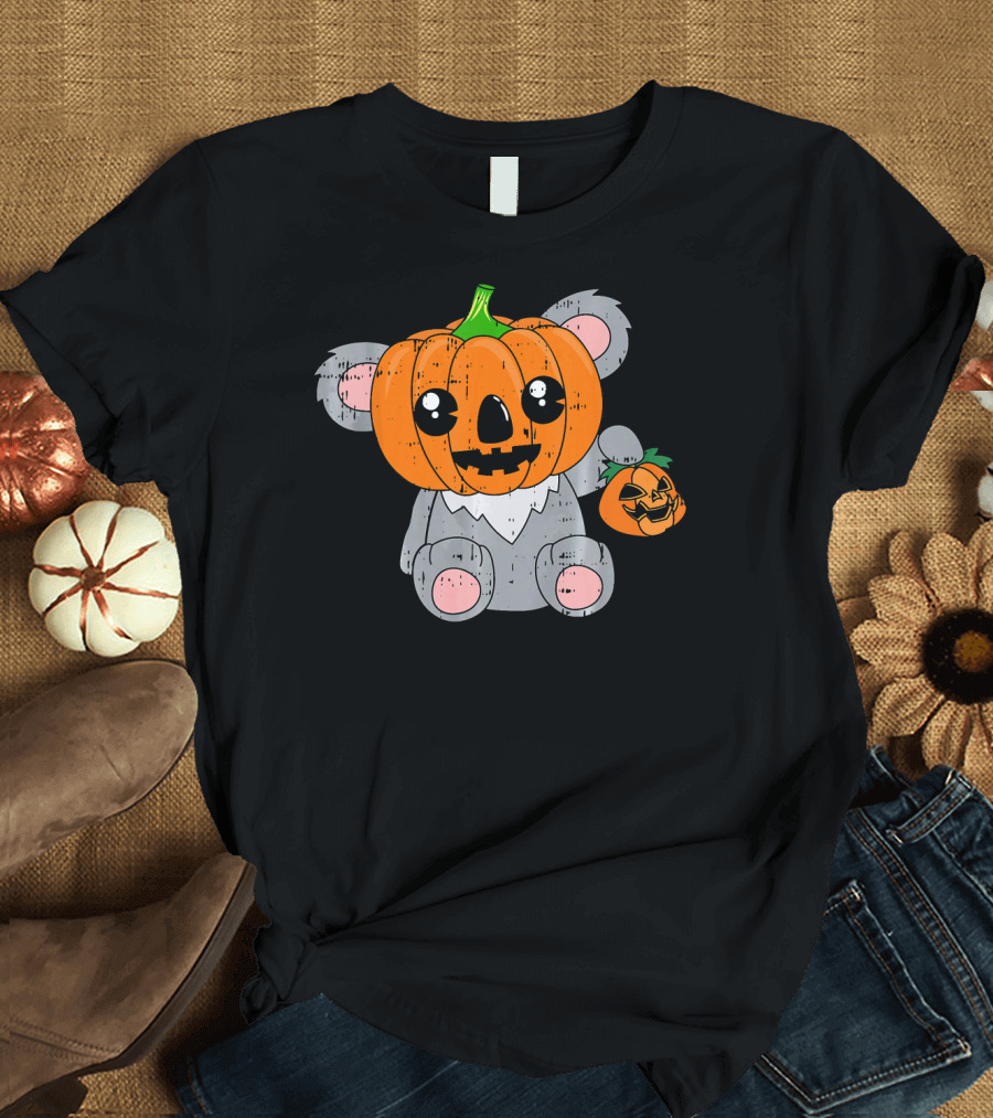 Koala with Jack-o'-Lantern Pumpkin Head and Matching Mini Pumpkin T-Shirt