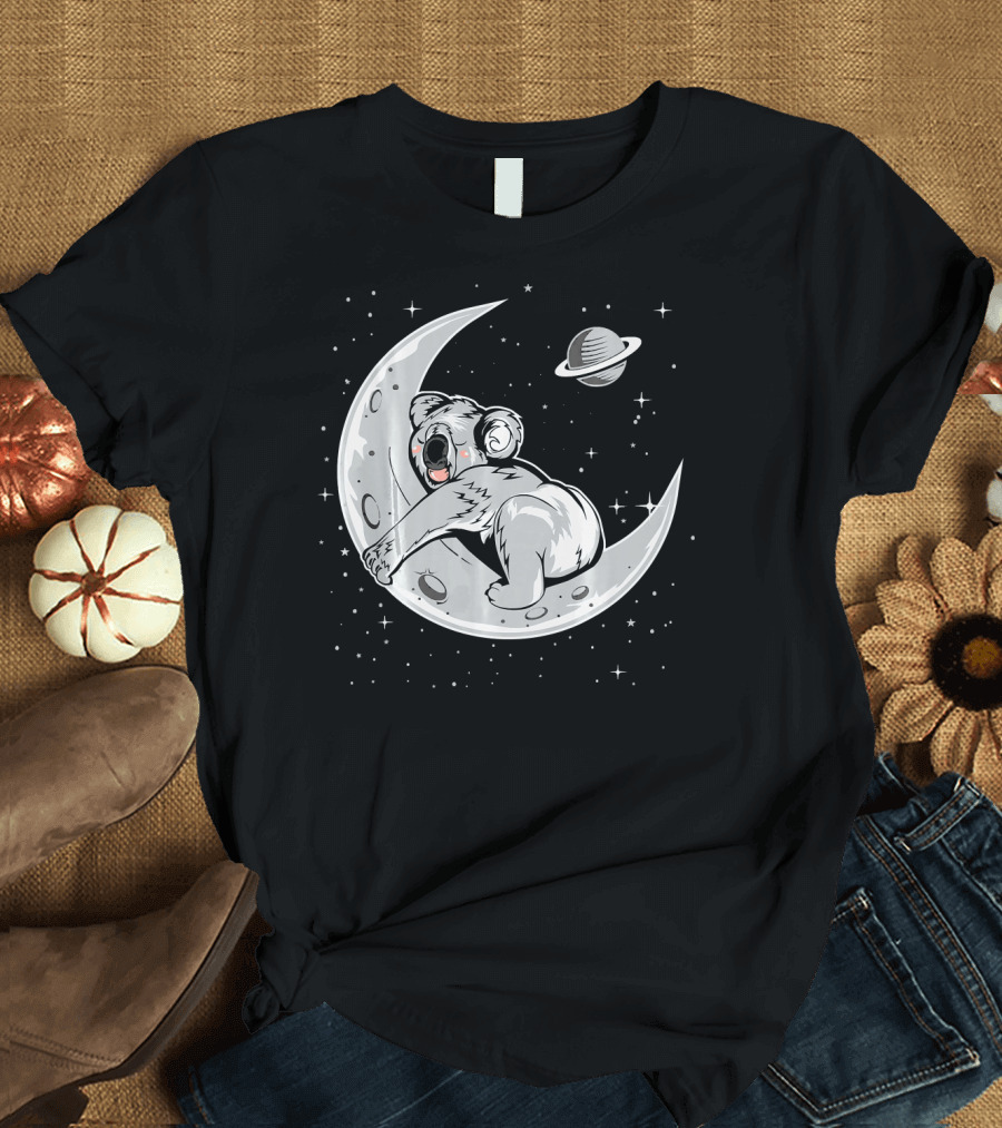 Koala Sleeping on Crescent Moon with Saturn in Space for Lovers T-Shirt