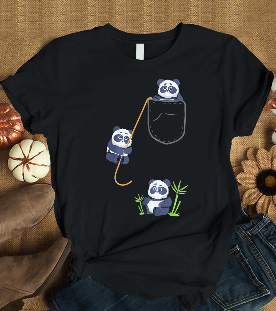 Kids Panda Bear Pocket Bamboo Playful Animals T-Shirt