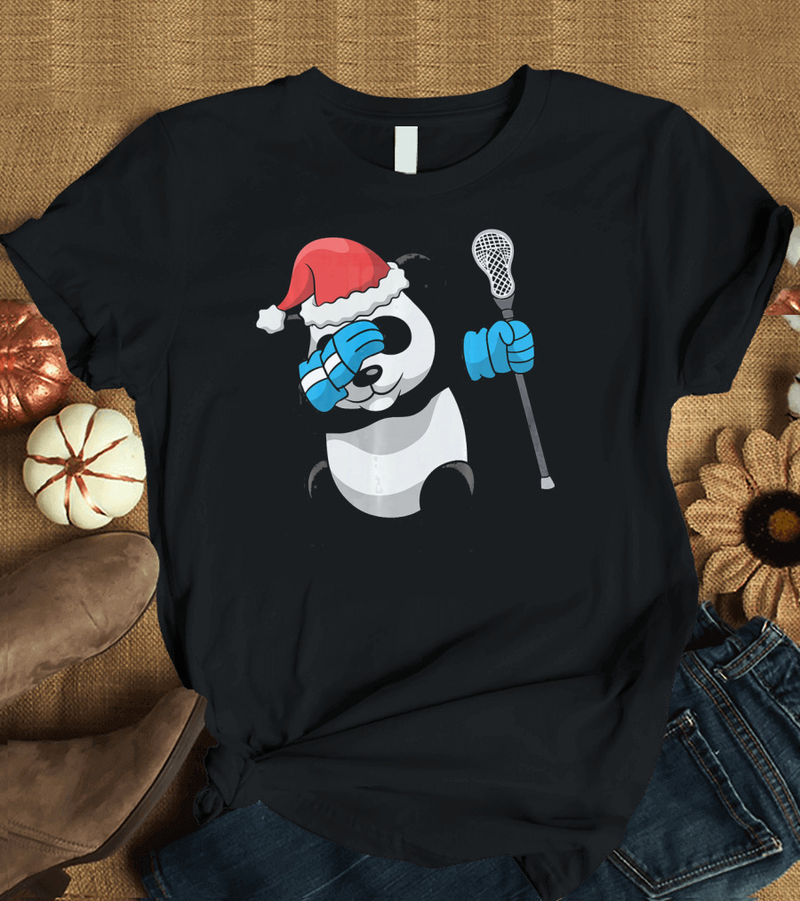 Lacrosse Dabbing Panda Bear LAX Santa Hat T-Shirt