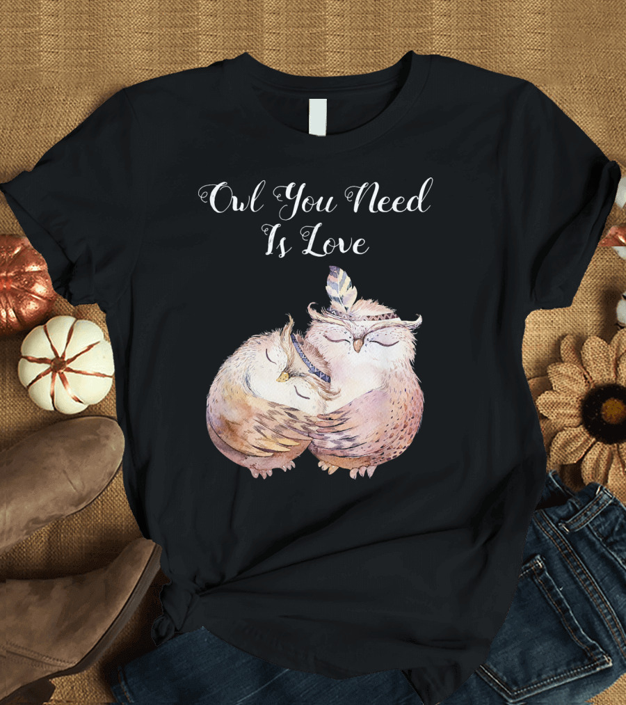 Owl You Need Is Love Hugging Owls with Feather T-Shirt