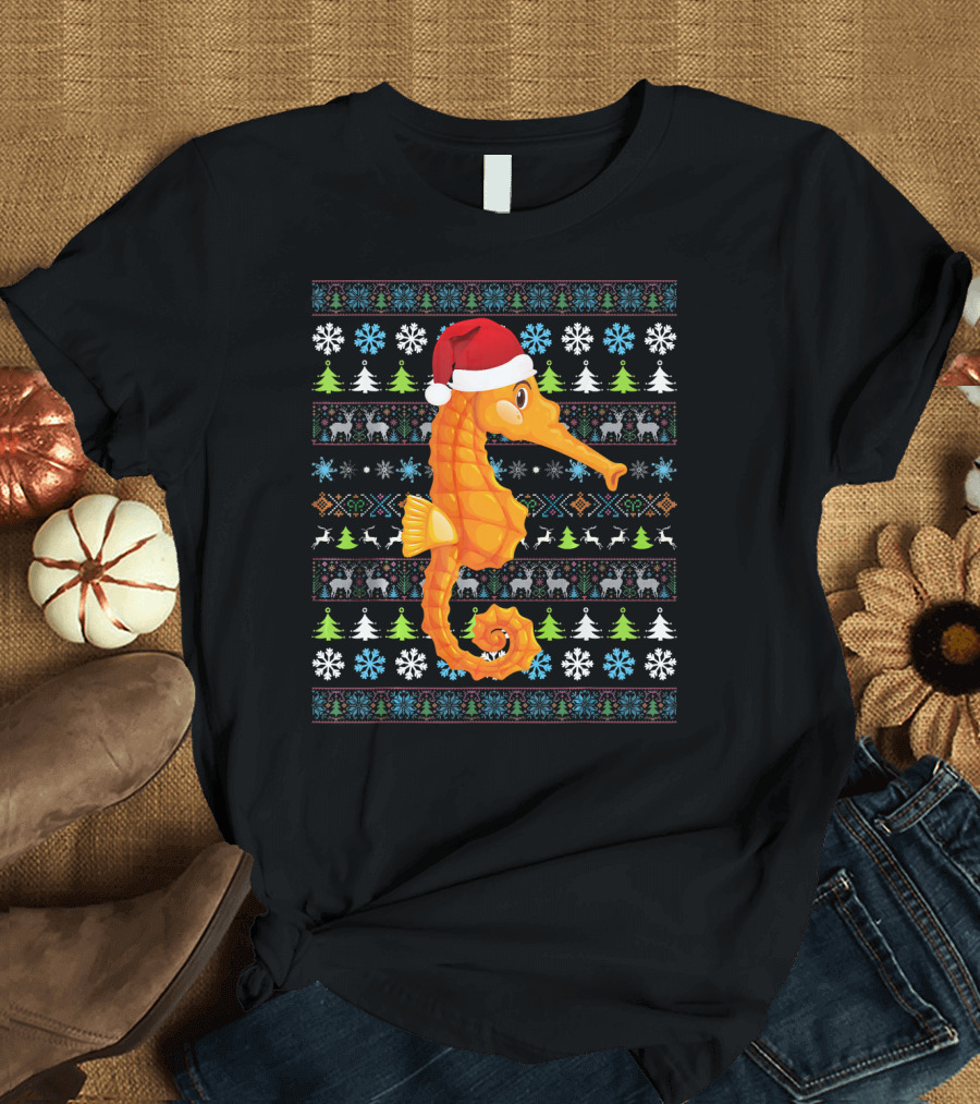Santa Hat Seahorse Christmas Ugly Sweater Snowflakes Trees and Reindeer T-Shirt