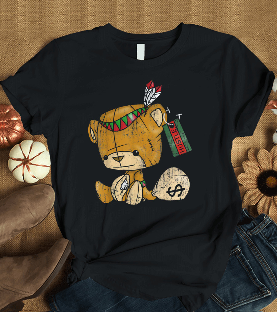 Native American Bear Hustle Spirit with Money Bag and Feathers T-Shirt