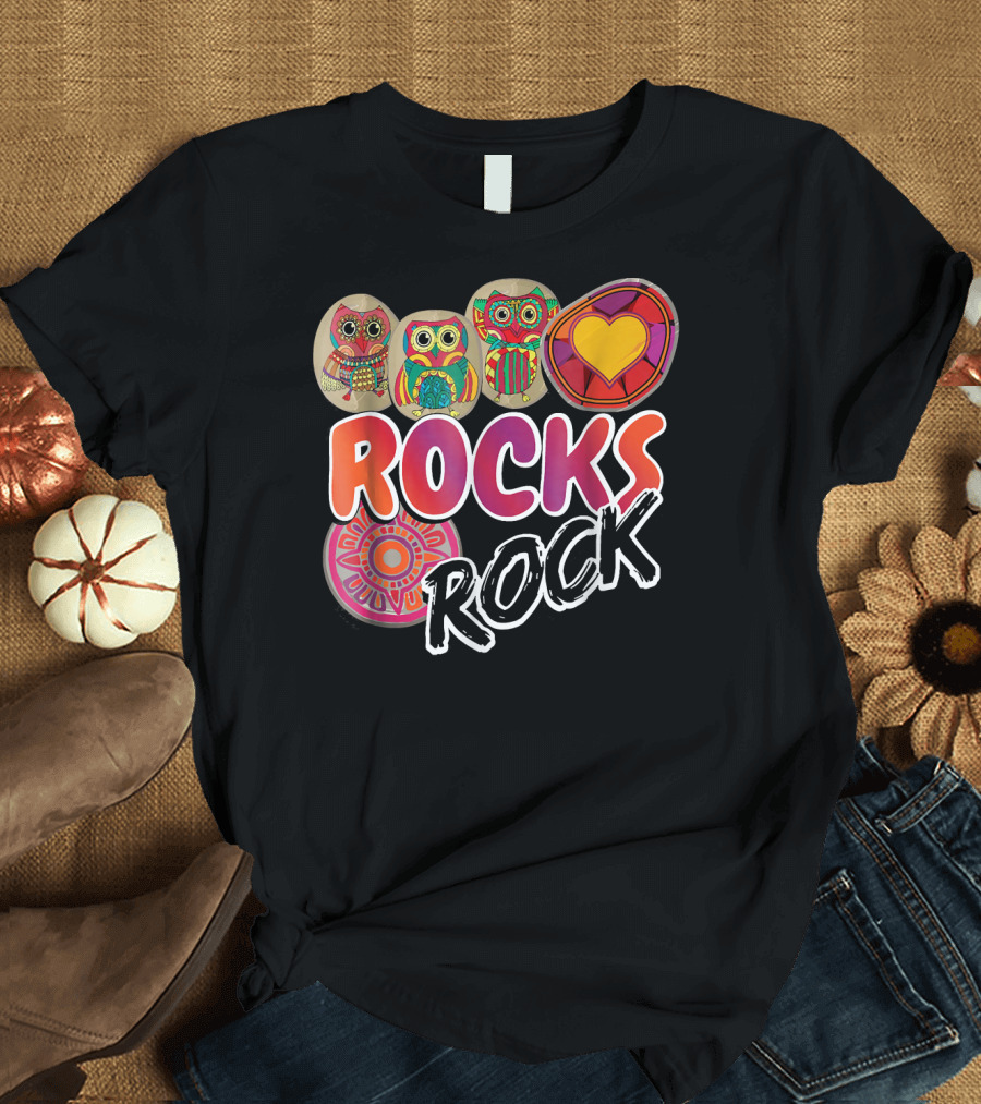 ROCKS ROCK Painting Owls and Heart T-Shirt
