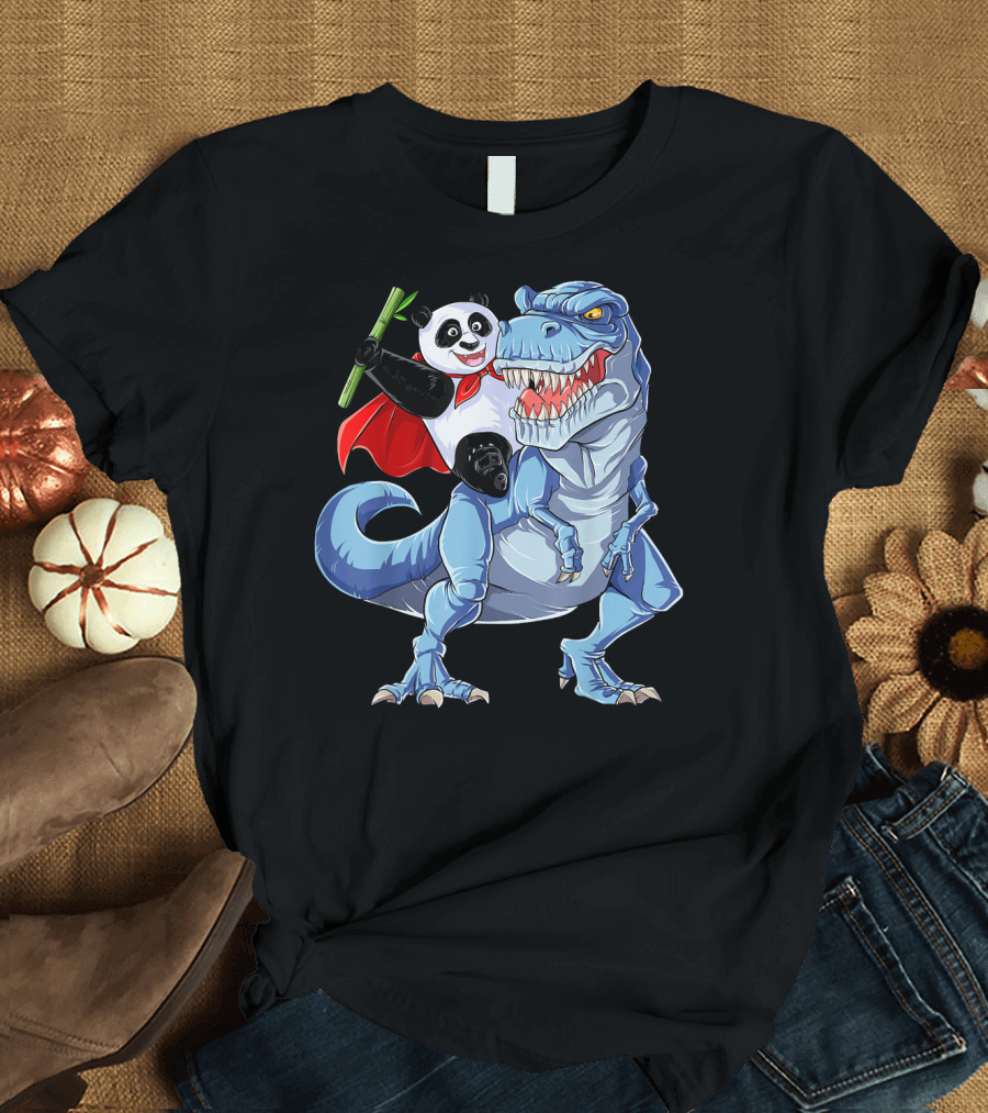 Panda Superhero Riding Tyrannosaurus Rex T-Shirt