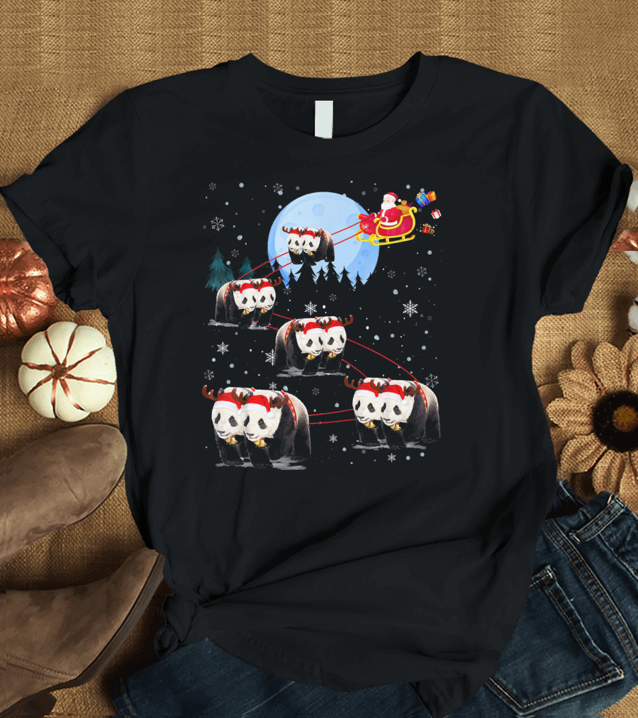 Panda Reindeer Santa Claus Sleigh Under Moonlight with Gifts T-Shirt