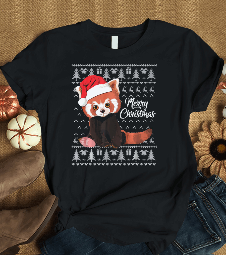 Merry Christmas Red Panda Santa Hat Ugly Sweater Gift T-Shirt