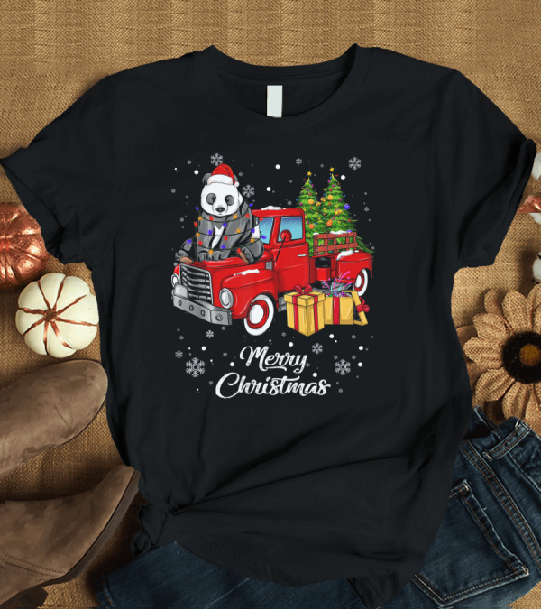T-Shirt: Merry Christmas Panda in Lights on Red Truck with Gifts and Christmas Tree T-Shirt Merry Christmas Panda in Lights on Red Truck with Gifts and Christmas Tree T-Shirt