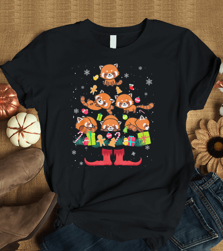 Red Panda Christmas Tree with Ornaments and Gifts T-Shirt