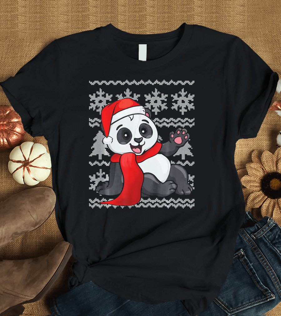 Panda Santa Hat Scarf Ugly Christmas Sweater with Snowflakes T-Shirt